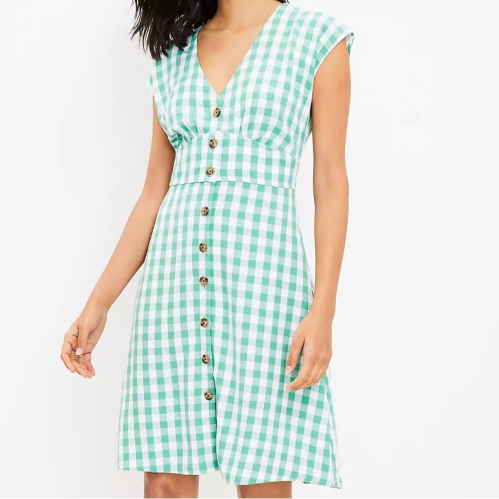 LOFT Green Gingham Flared Dress